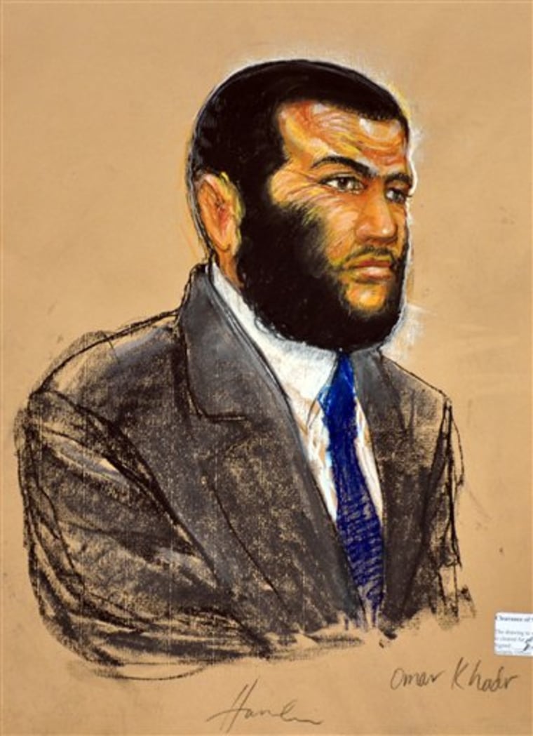 In this photo of a sketch by courtroom artist Janet Hamlin, Canadian Omar Khadr listens to testimony by Dr. Michael Wellner on Tuesday during his trial at the Camp Justice compound of Guantanamo Bay U.S. Naval Base in Cuba.